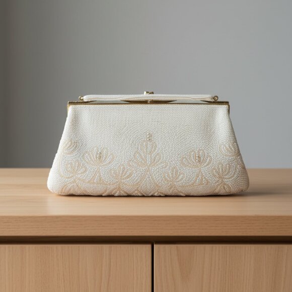 Vintage Beaded Clutch by Dena of Dallas – Ivory Pearl Purse Made in Japan - Picture 3 of 10